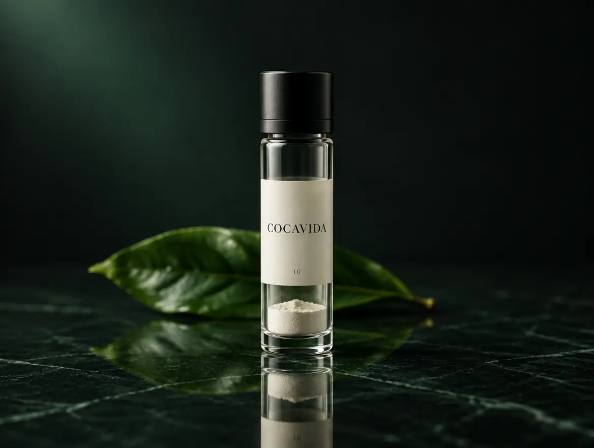CocaVida 1 gram glass vial beside a coca leaf on dark marble