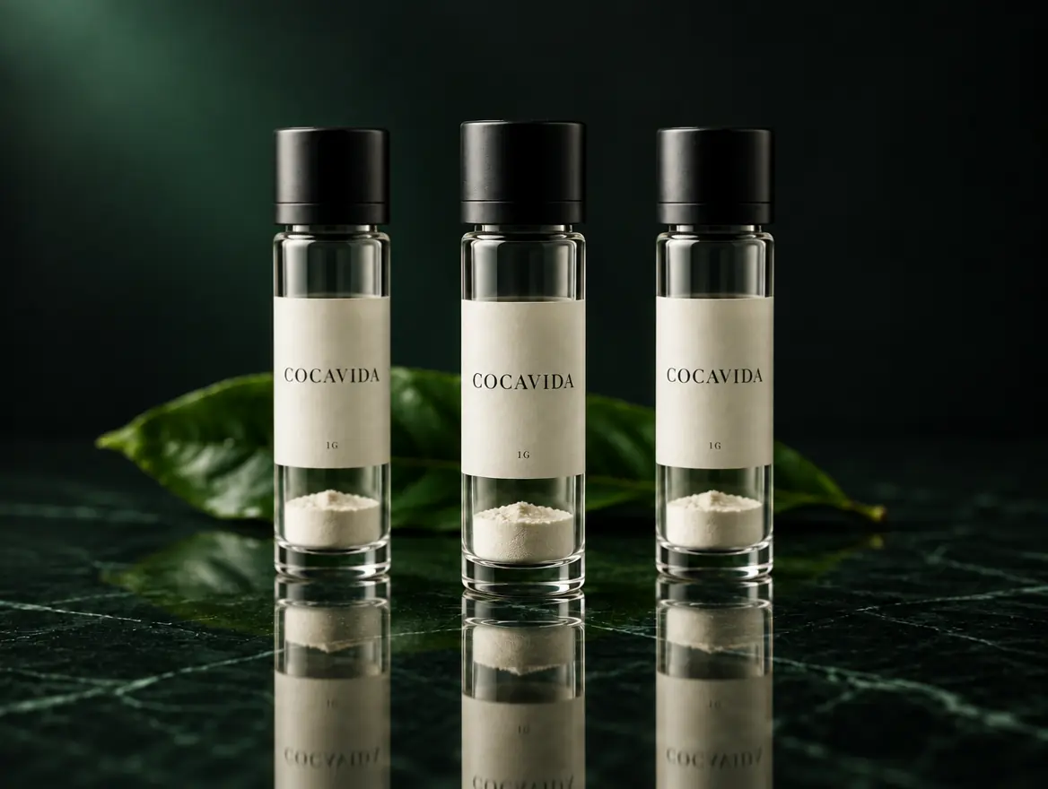 Three CocaVida 1-gram glass vials beside a coca leaf on dark stone
