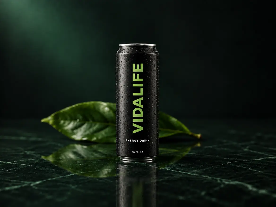 Vidalife Energy Drink, 16 fl oz can, on dark green marble beside a green leaf