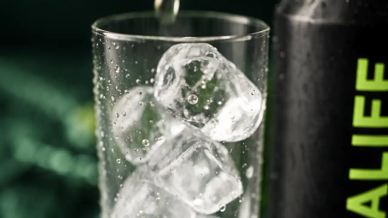 A glass of Vidalife being poured over ice, beside a Vidalife Energy Drink can and a Vidalife Energy Shot bottle